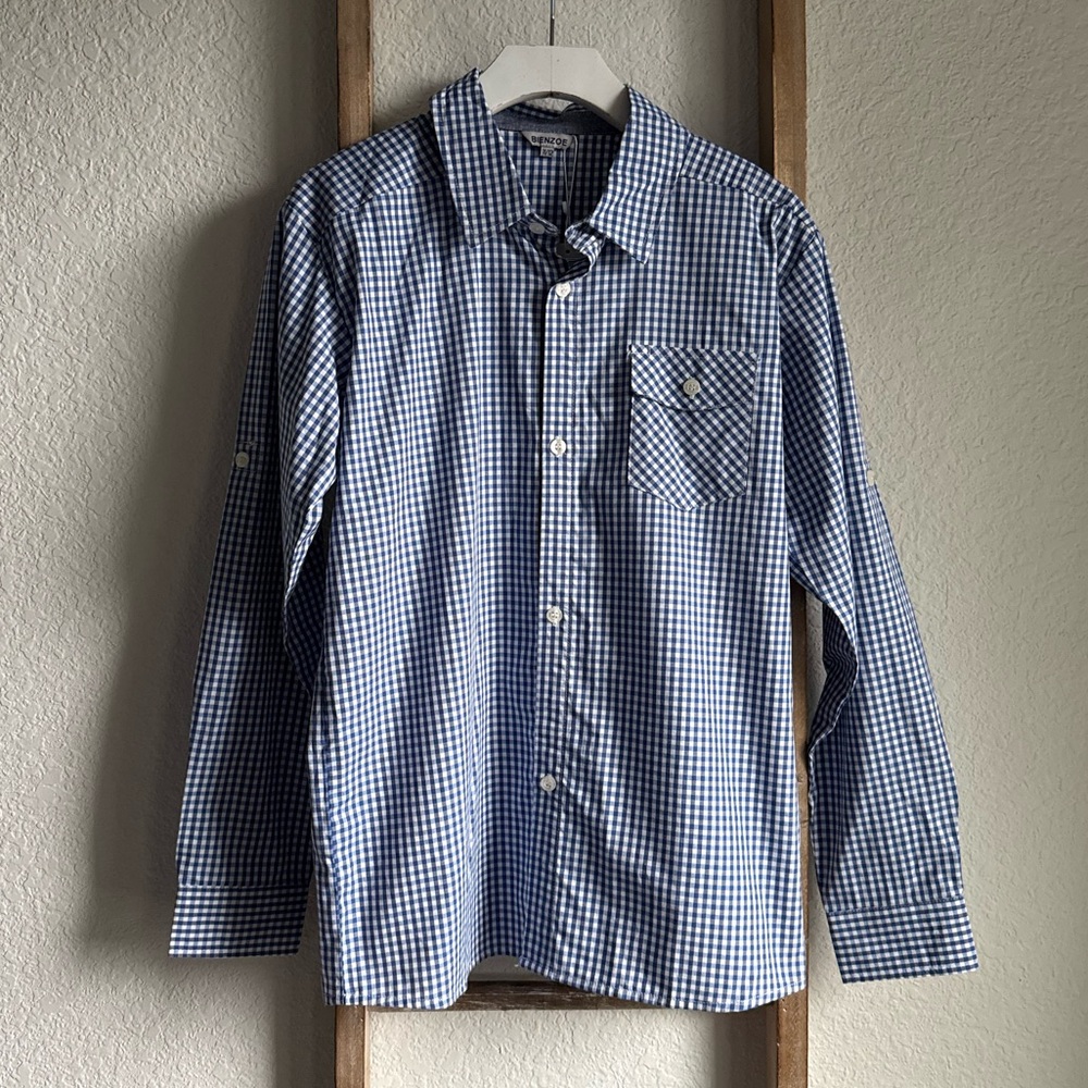 Bienzoe Gingham Blue/White Button Down Shirt NWT sz: 11/12 boys